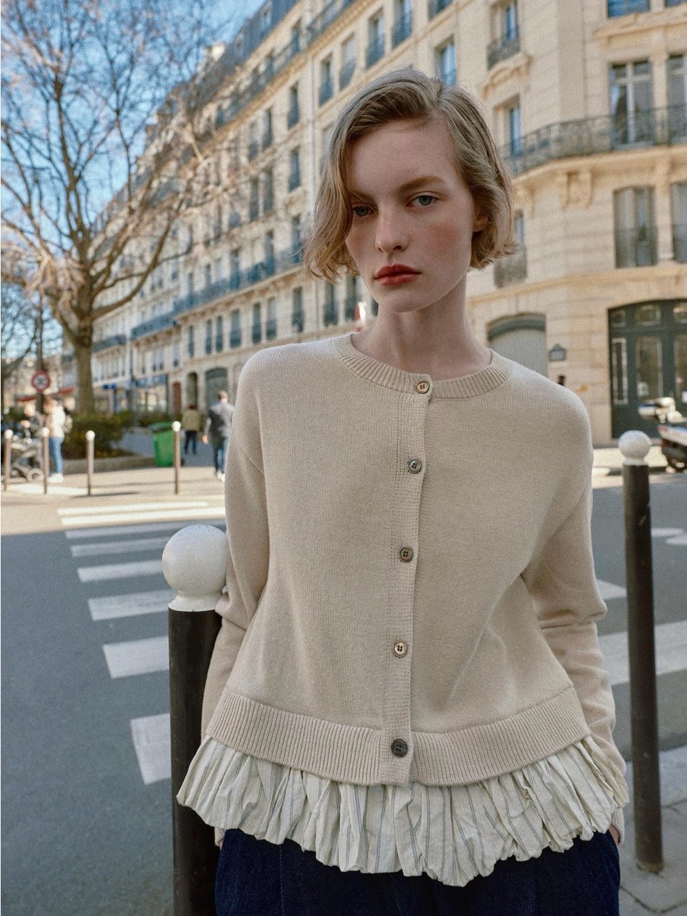 BNWT Zara Sand Pleated Pinstripe Trim Knit Cardigan
